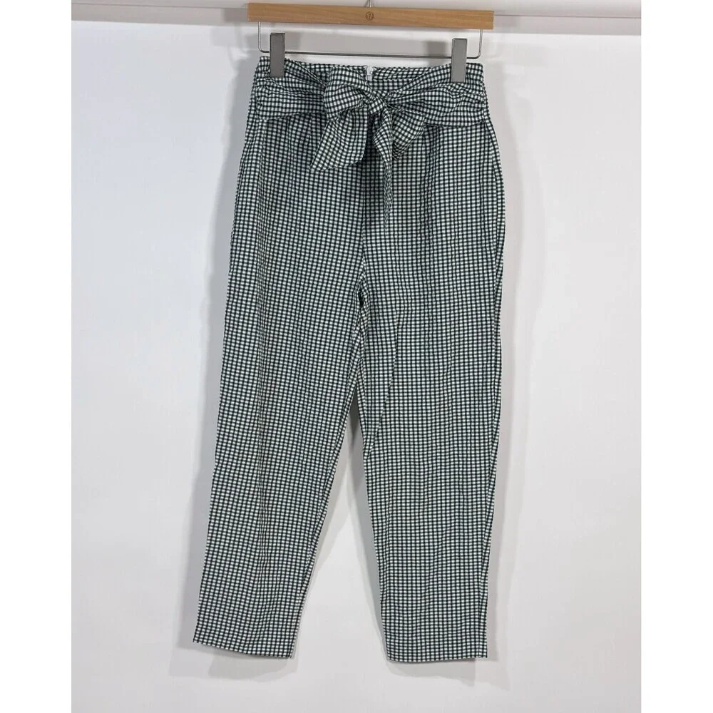 Free People Westside Gingham Seersucker Tie-Waist Pants Black White - Size 2